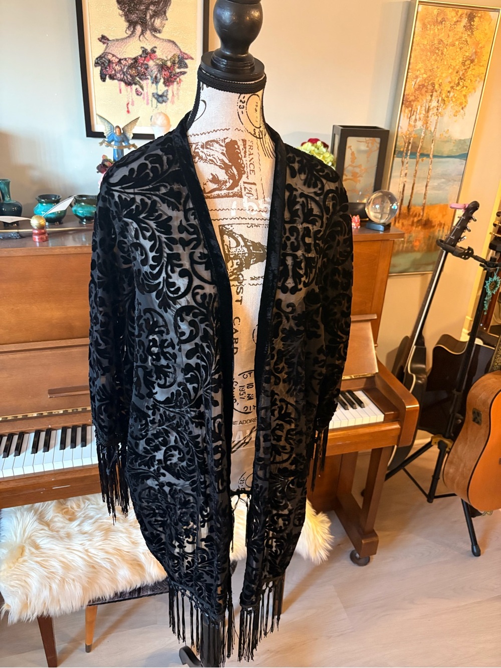 Zara Black Velvet Burnout Fringe Open-Front Cardigan
